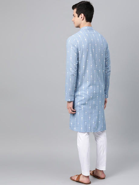 Buy Men's Blue Cotton Printed Straight Kurta Online - Front