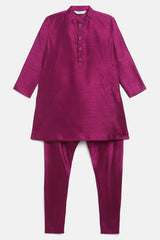 Boys Purple Poly Silk Solid Kids Kurta Churidar Set