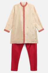 Boys Beige Poly Silk Gold Print Kids Kurta Churidar Set