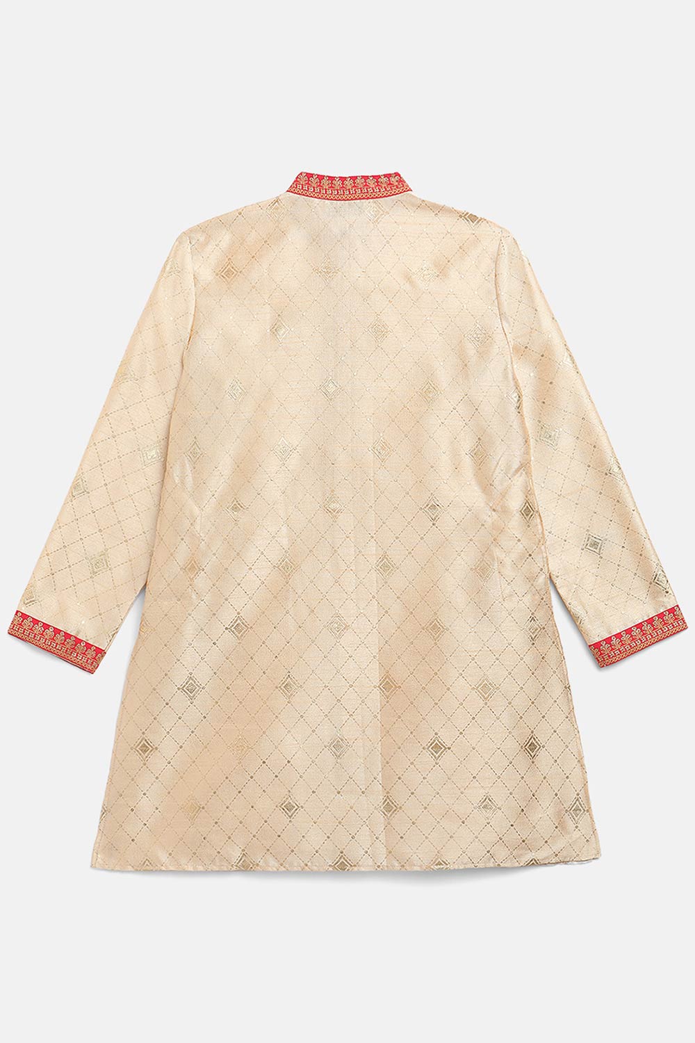 Boys Beige Poly Silk Gold Print Kids Kurta Churidar Set