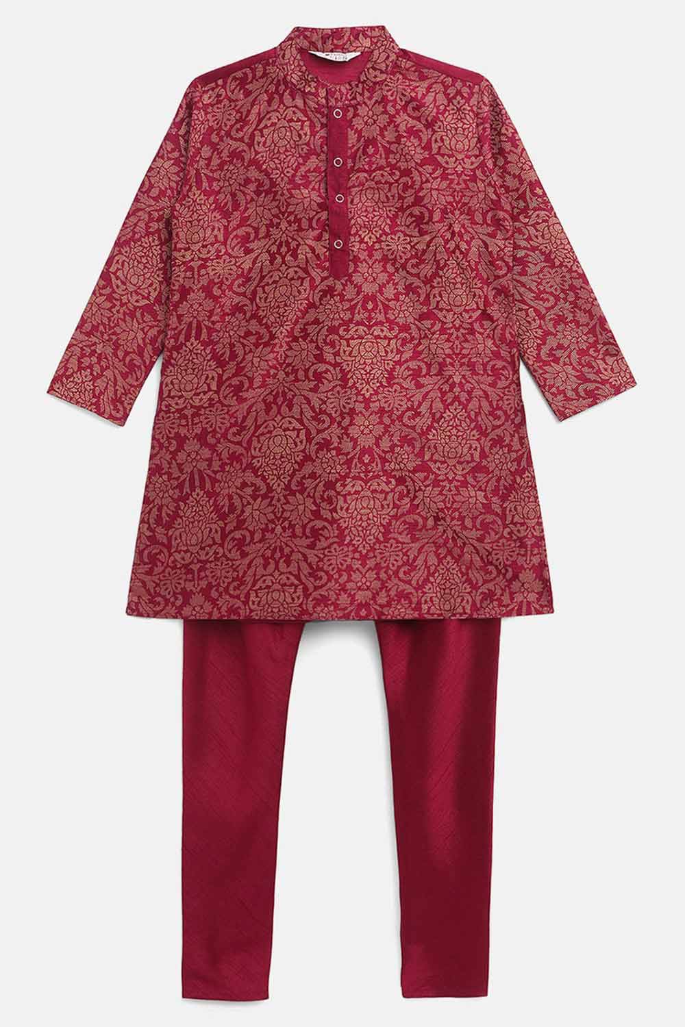 Boys Purple Poly Silk Gold Print Kids Kurta Churidar Set