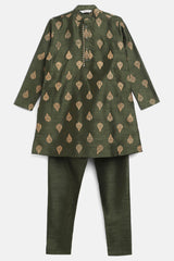 Boys Green Poly Silk Gold Print Kids Kurta Churidar Set