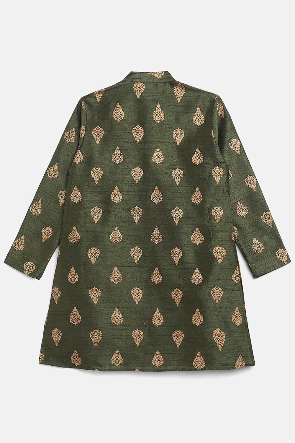 Boys Green Poly Silk Gold Print Kids Kurta Churidar Set