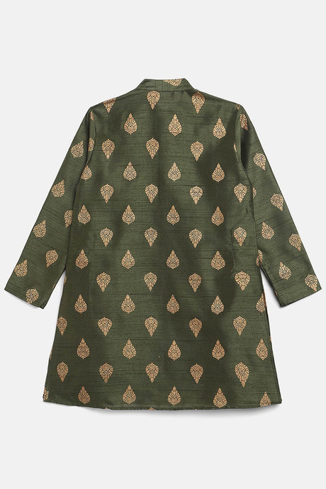 Boys Green Poly Silk Gold Print Kids Kurta Churidar Set