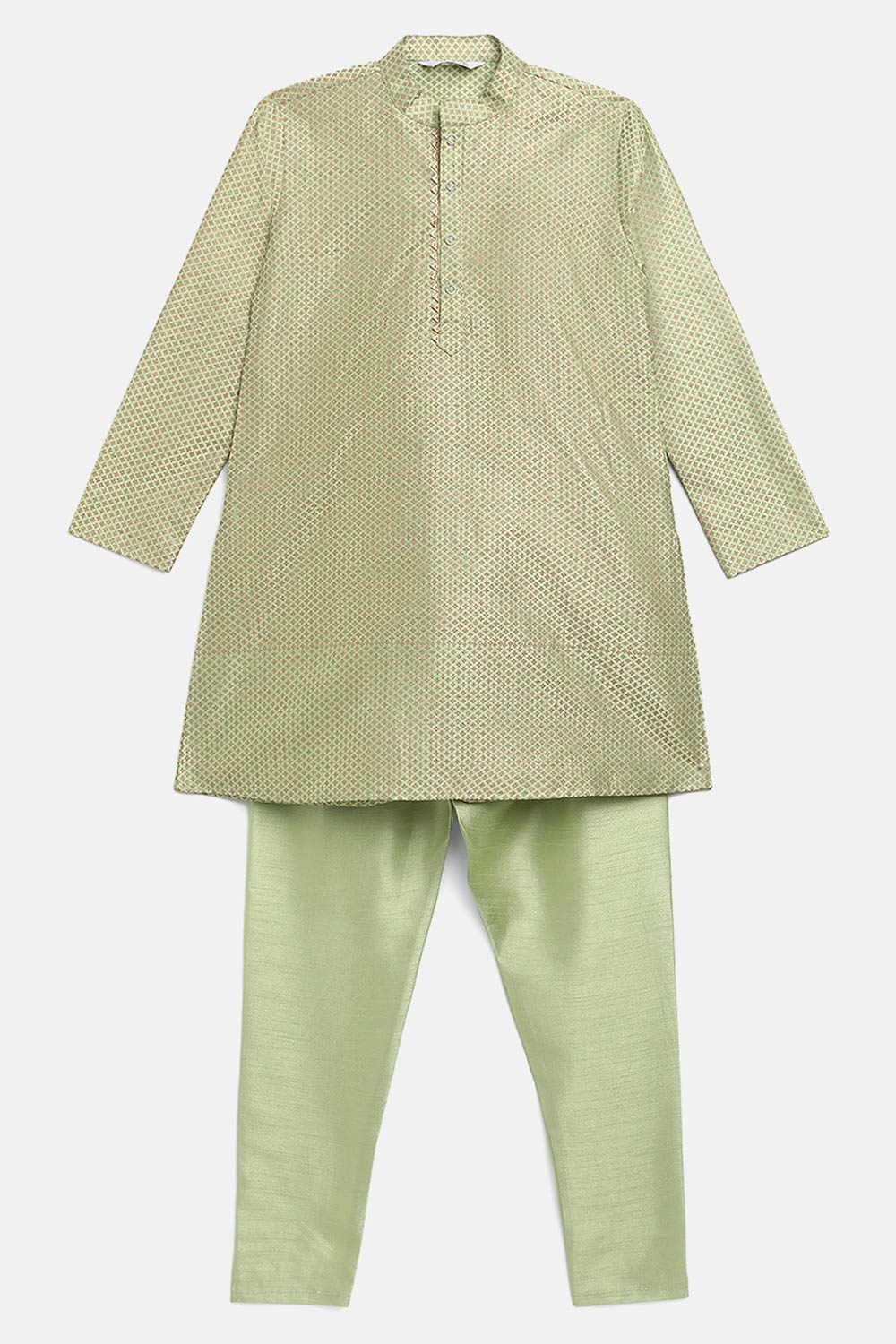 Boys Green Poly Silk Gold Print Kids Kurta Churidar Set