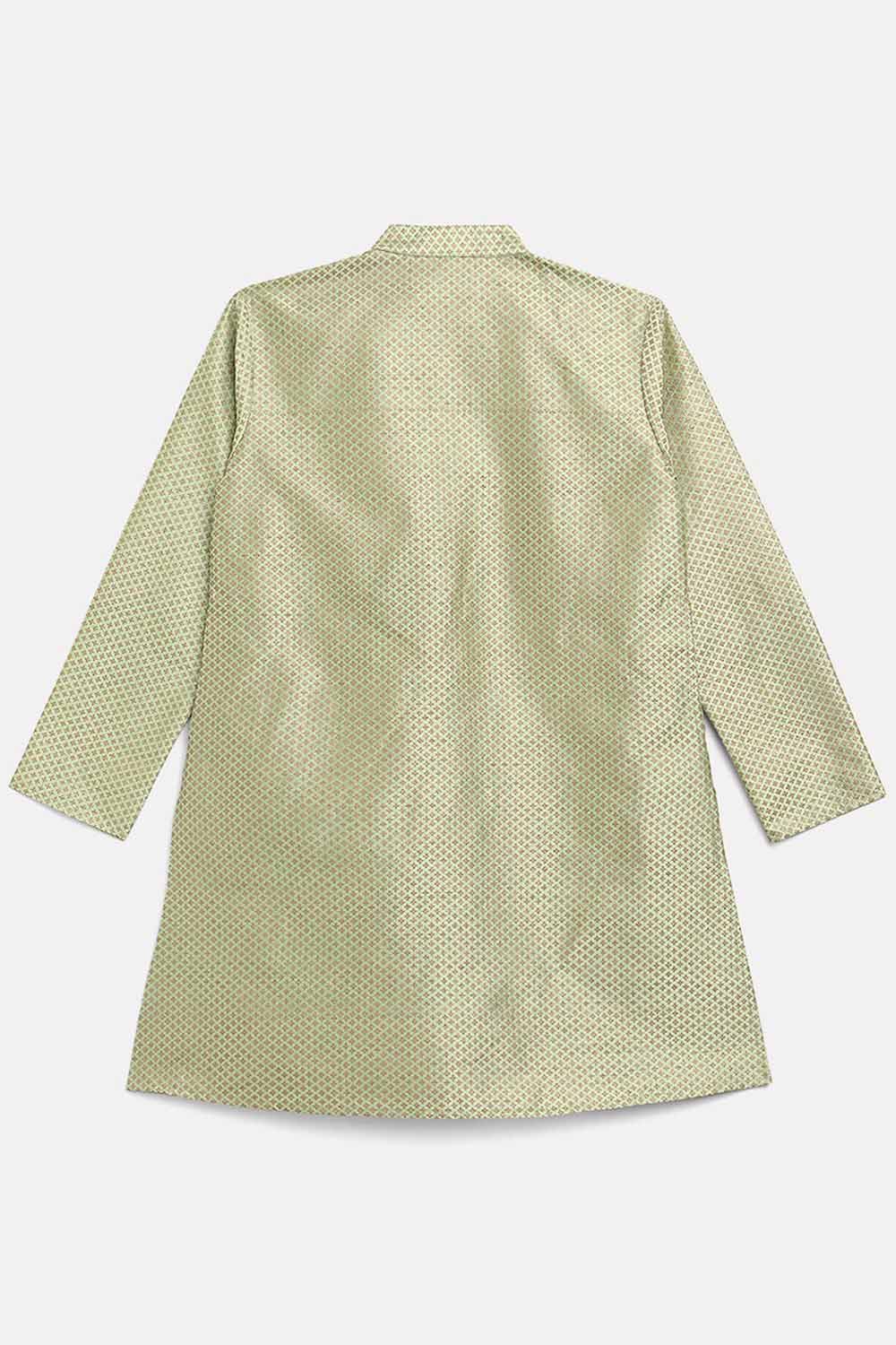 Boys Green Poly Silk Gold Print Kids Kurta Churidar Set