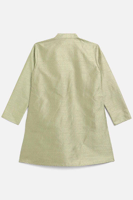 Boys Green Poly Silk Gold Print Kids Kurta Churidar Set