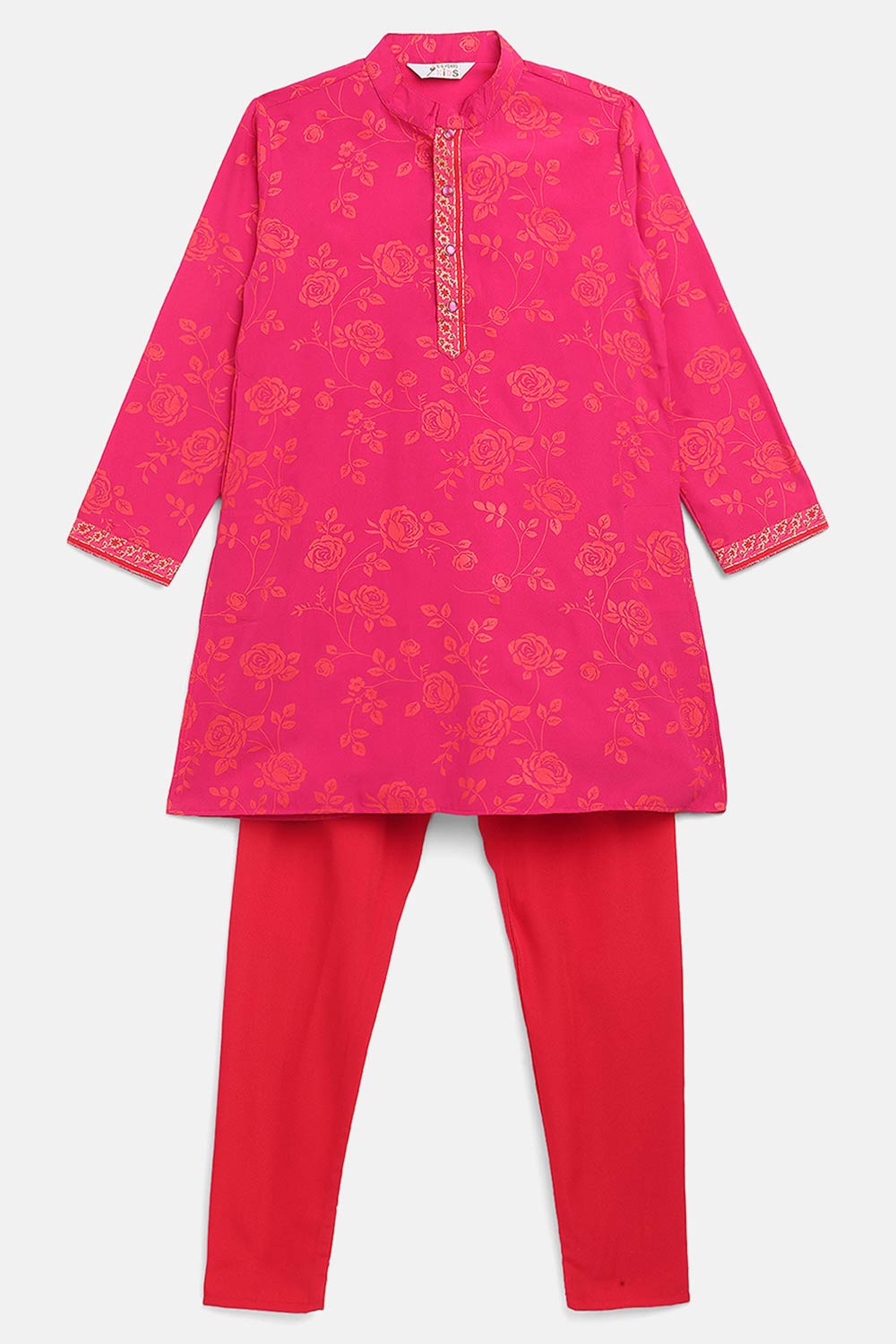 Boys Pink Crepe Orange Khari Print Kids Kurta Churidar Set