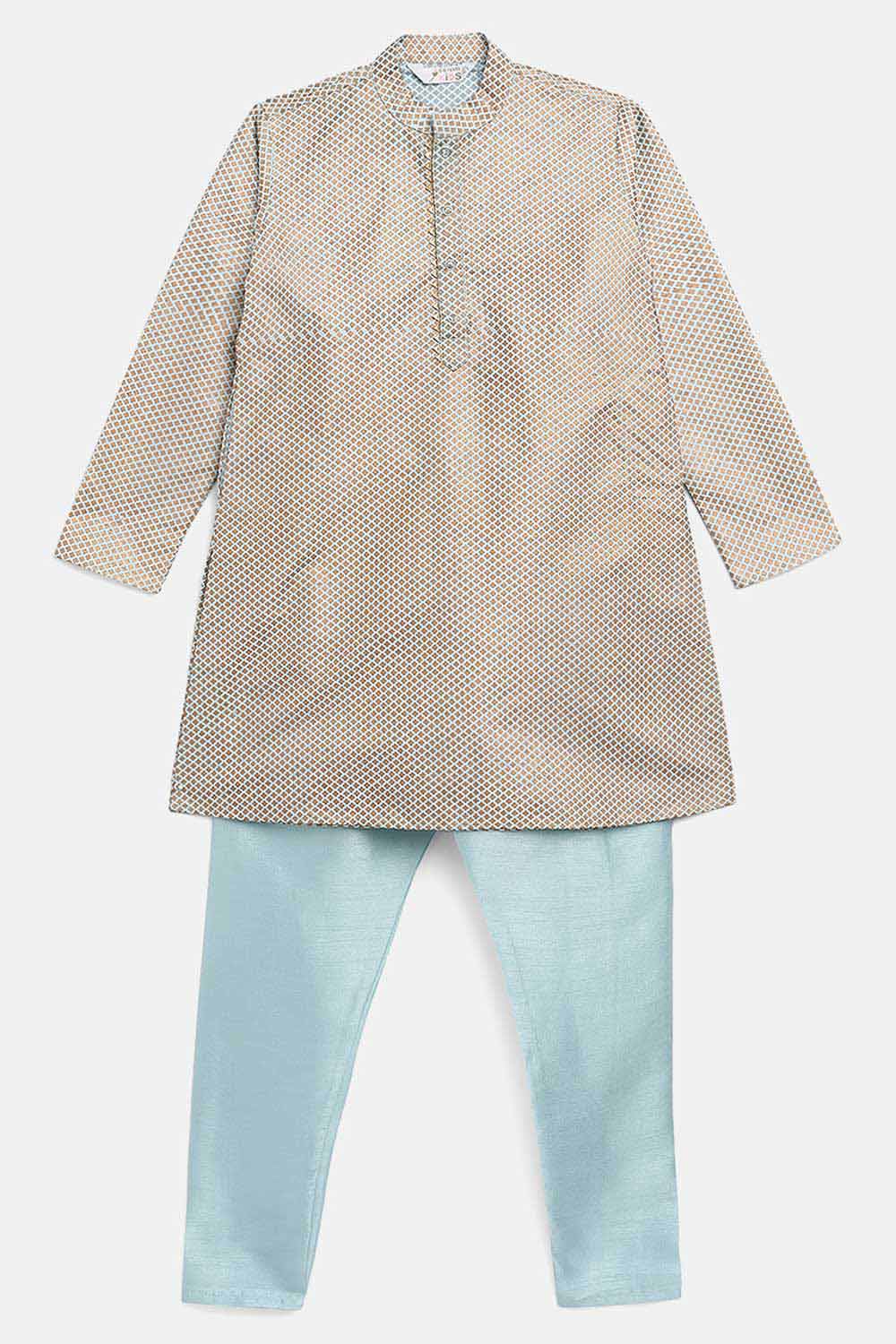 Boys Powder Blue Poly Silk Gold Print Kids Kurta Churidar Set