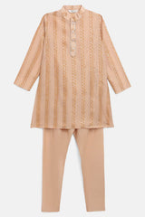 Boys Beige Chanderi Gold Foil Print Kids Kurta Churidar Set