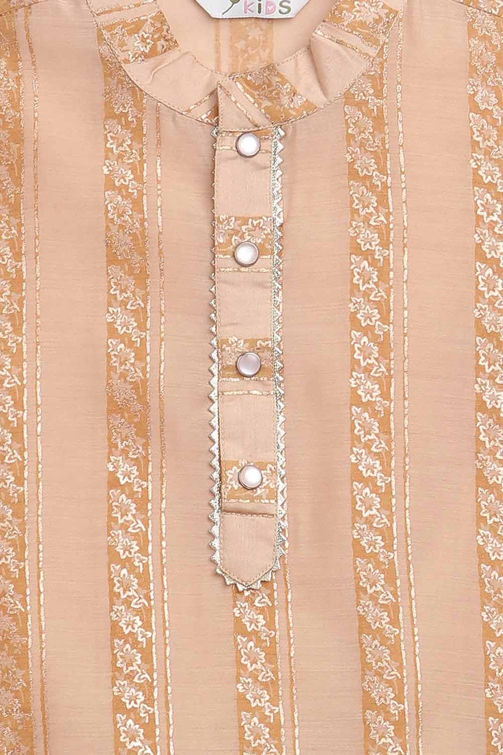 Boys Beige Chanderi Gold Foil Print Kids Kurta Churidar Set