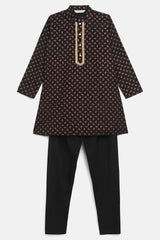 Boys Black Crepe Gold Pigment Print Kids Kurta Churidar Set