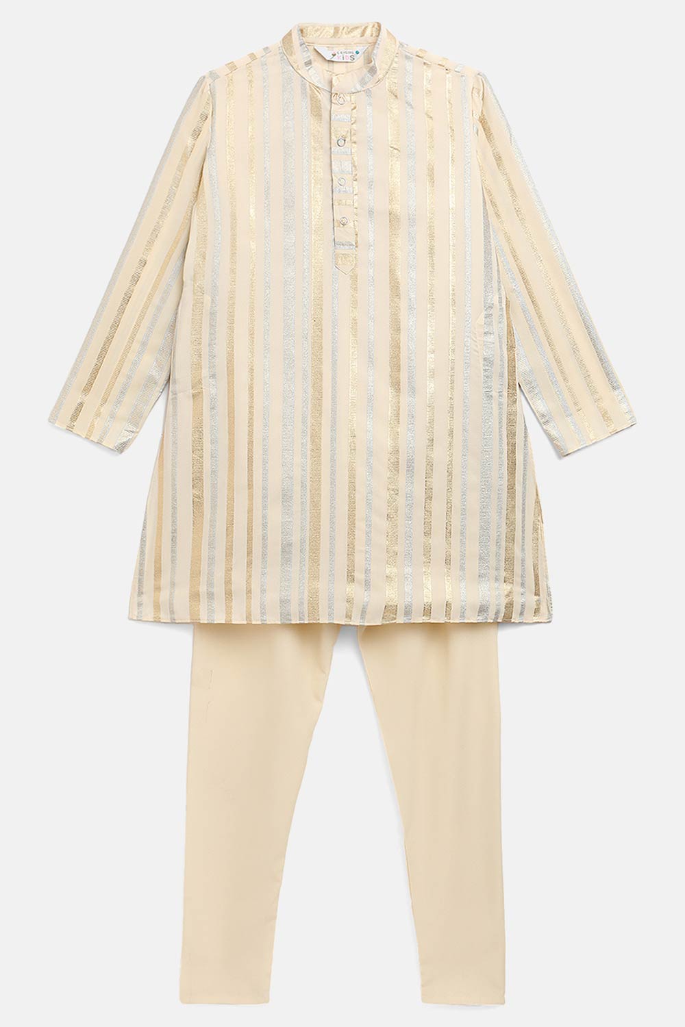 Boys Cream Crepe Foil Print Kids Kurta Churidar Set