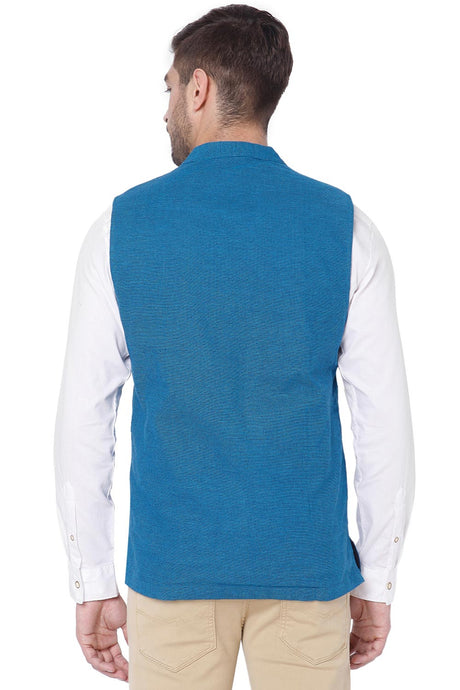Buy Cotton Solid Nehru Jacket in Blue - Fornt