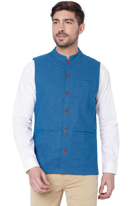 Buy Cotton Solid Nehru Jacket in Blue