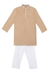 Gold And White Ethnic Wear Kids Art Silk Kurta Pajama Set For Boys