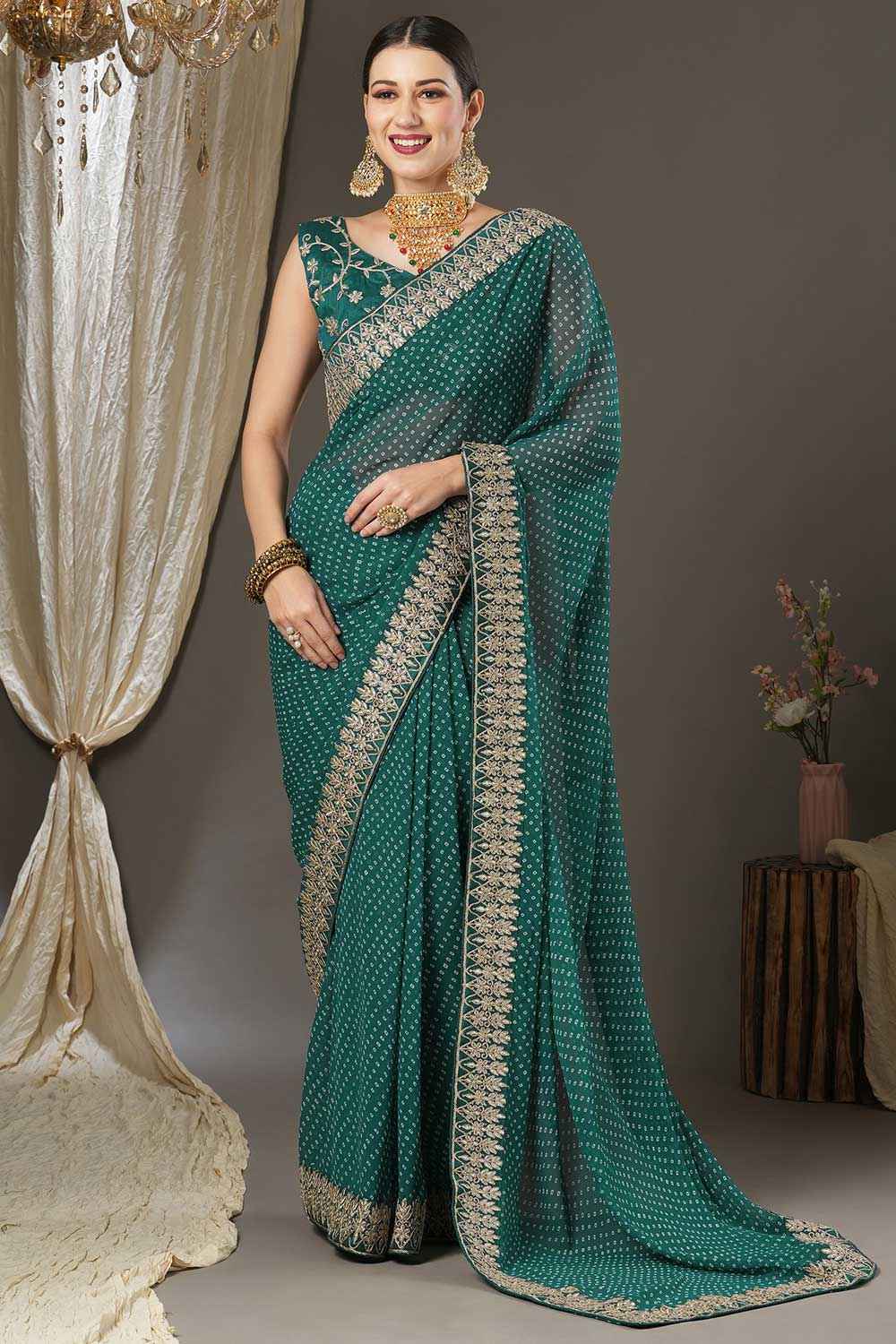 Teal Blue Georgette Zari Embroidered Bandhani Saree