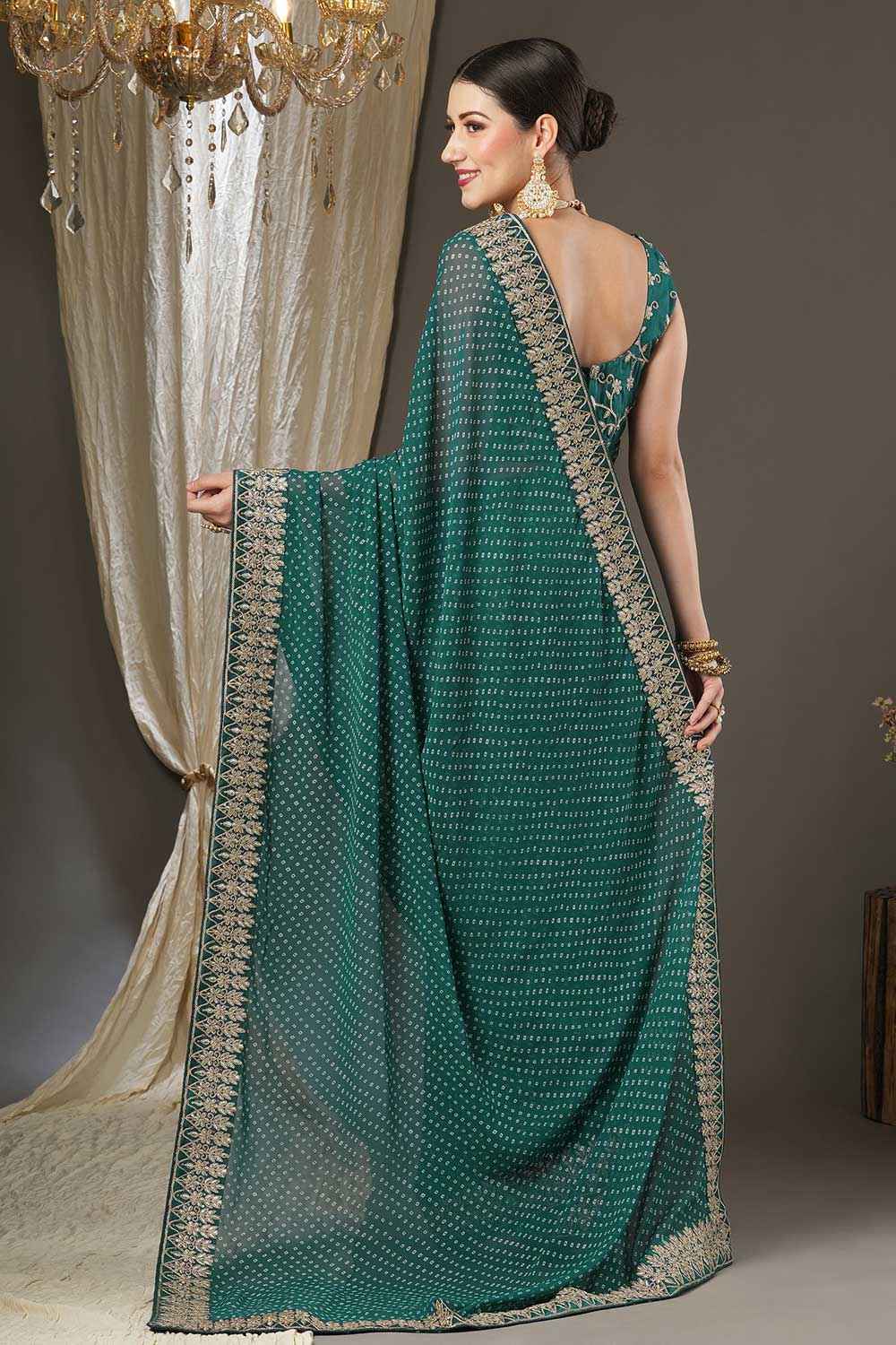 Teal Blue Georgette Zari Embroidered Bandhani Saree