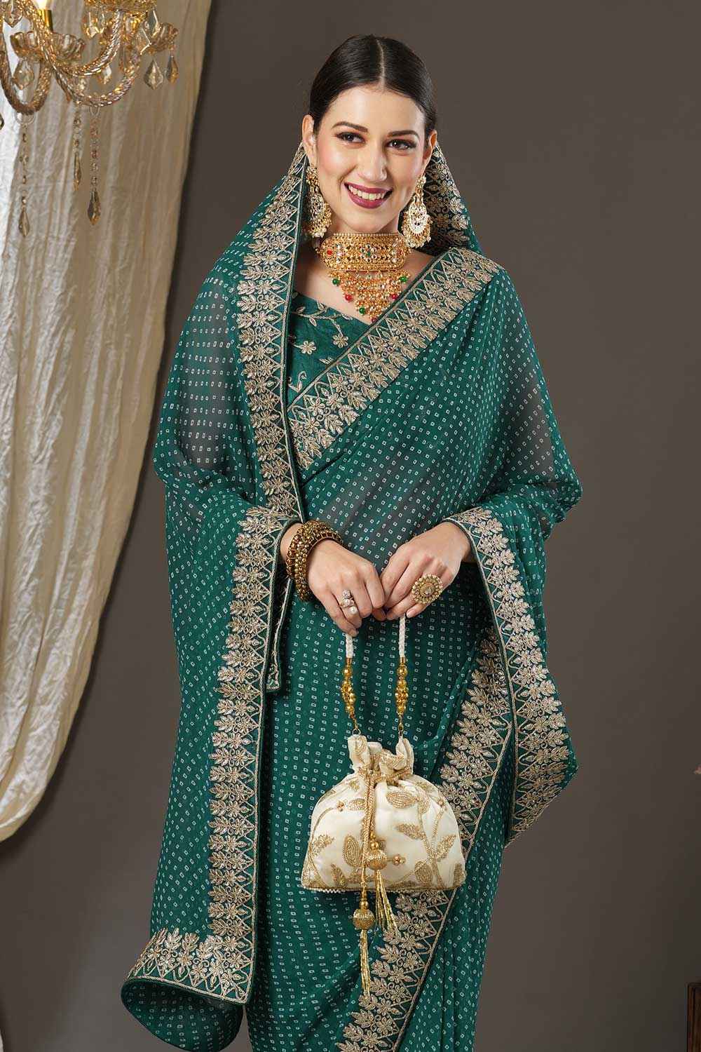 Teal Blue Georgette Zari Embroidered Bandhani Saree