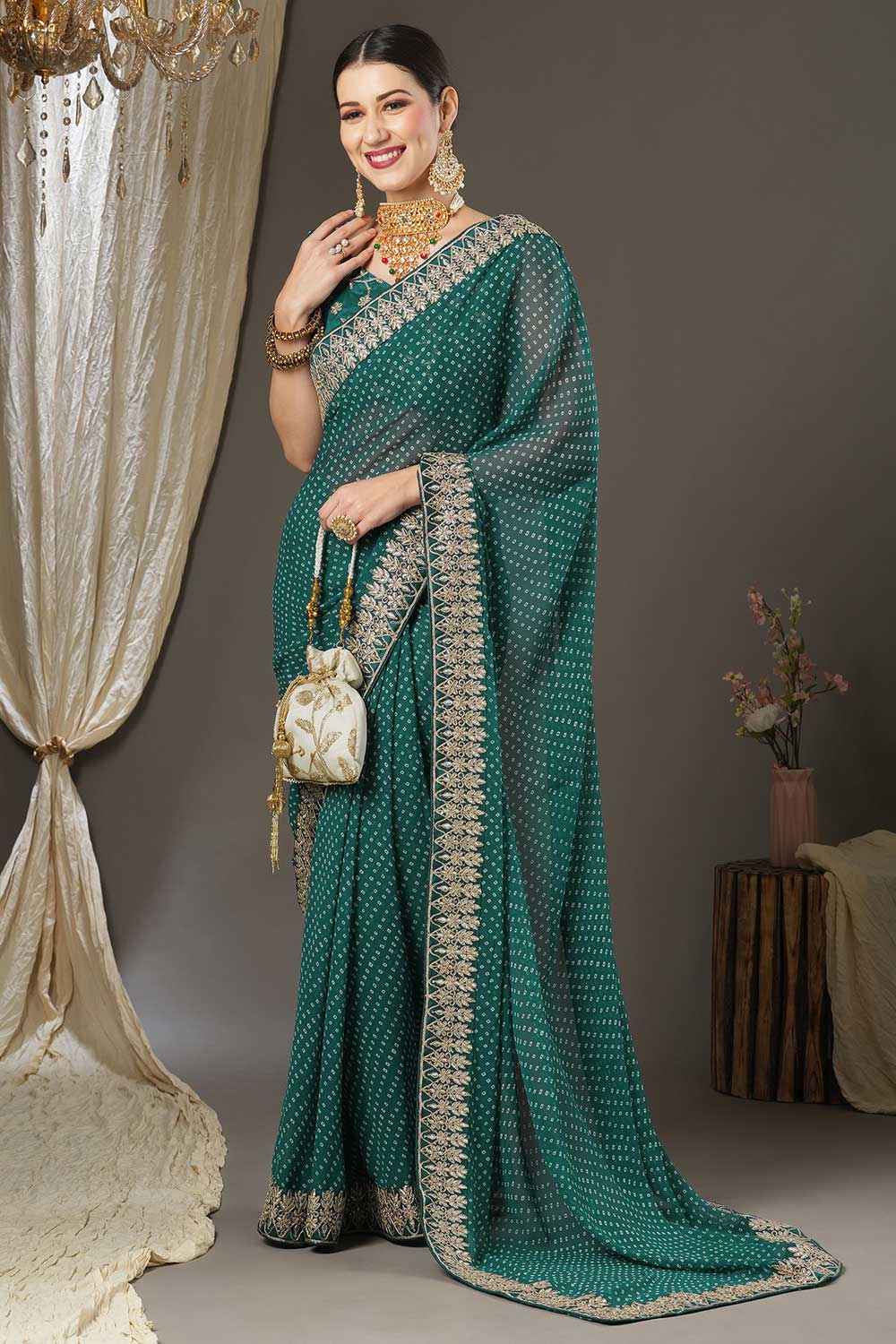 Teal Blue Georgette Zari Embroidered Bandhani Saree