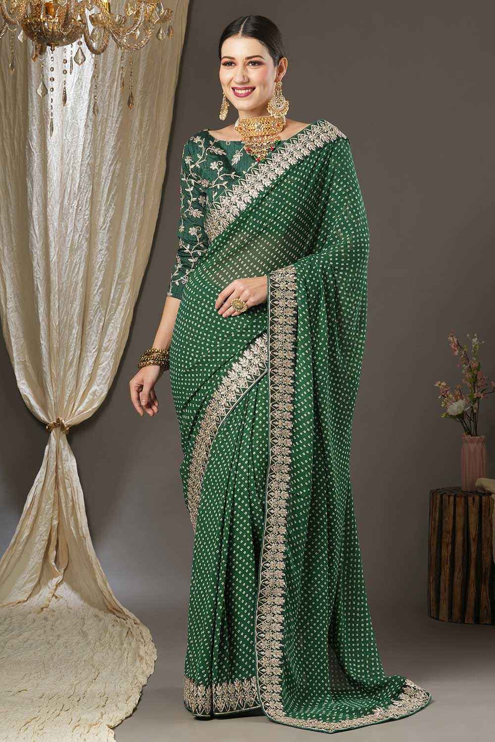 Green Georgette Zari Embroidered Bandhani Saree