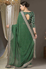 Green Georgette Zari Embroidered Bandhani Saree