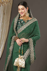 Green Georgette Zari Embroidered Bandhani Saree