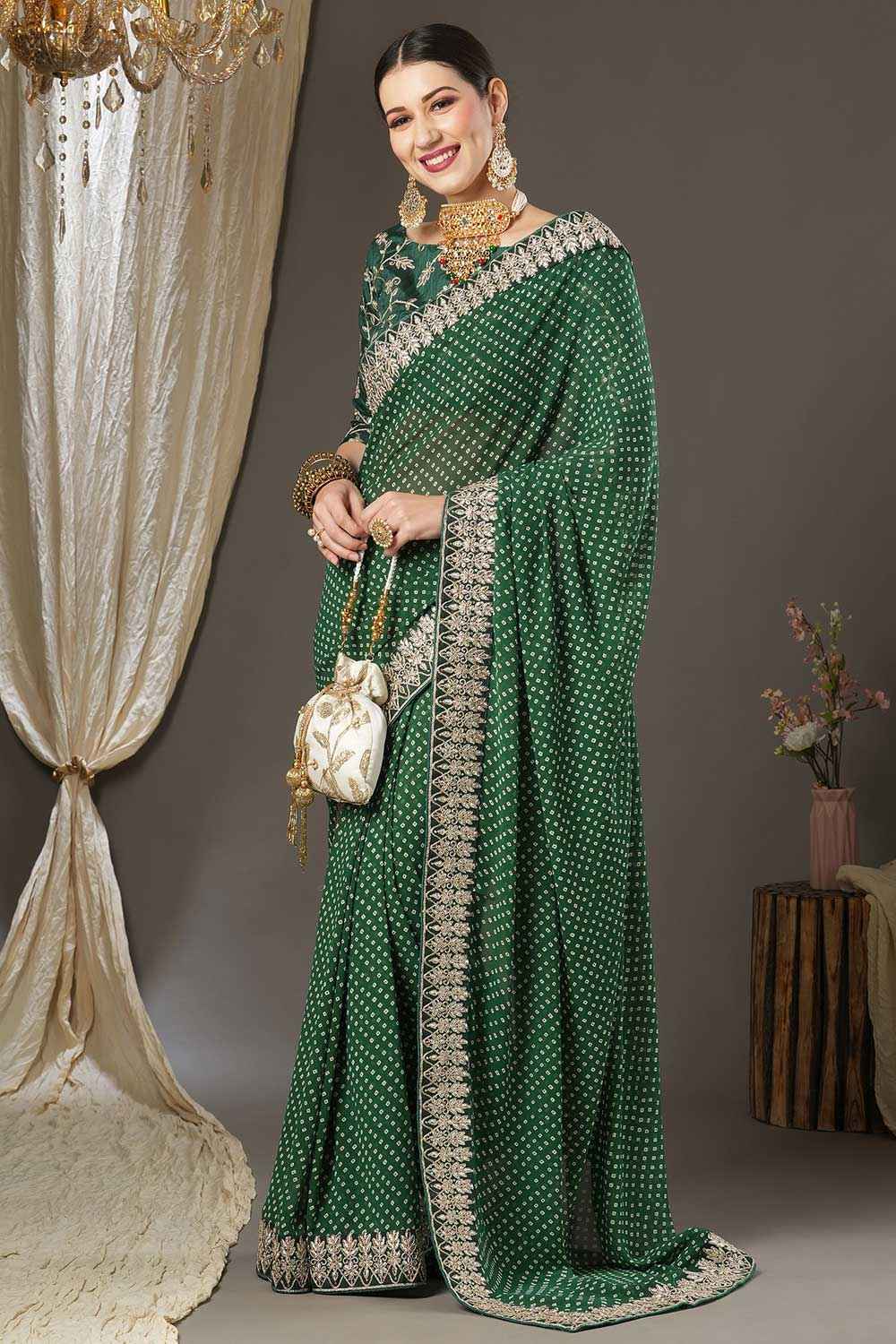 Green Georgette Zari Embroidered Bandhani Saree