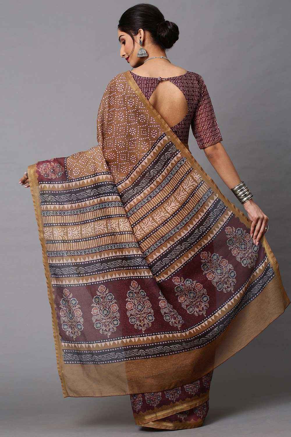 Beige Linen Blend Block Print Saree