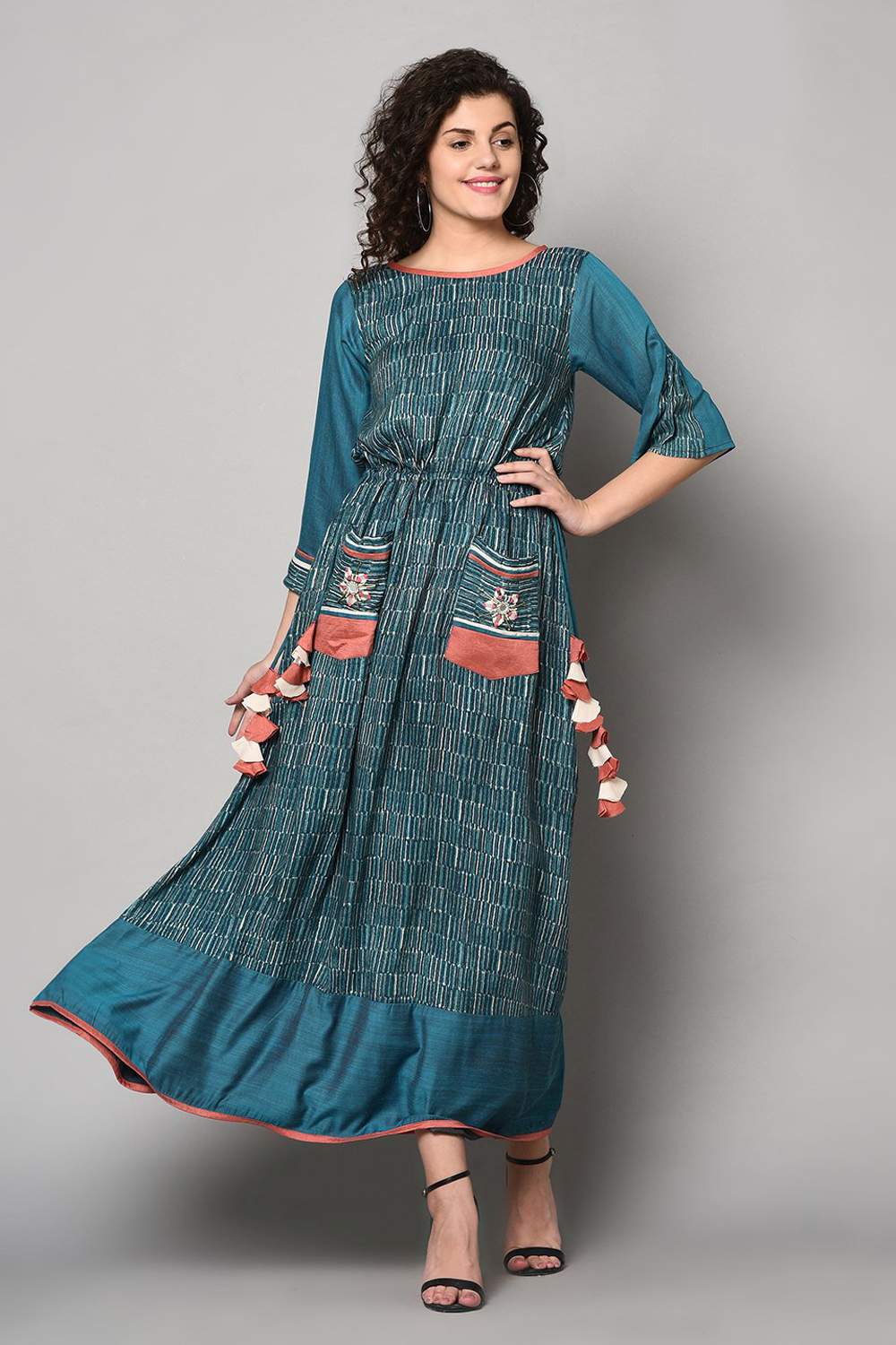 Buy Blended Cotton Stripes Dress in Turquoise