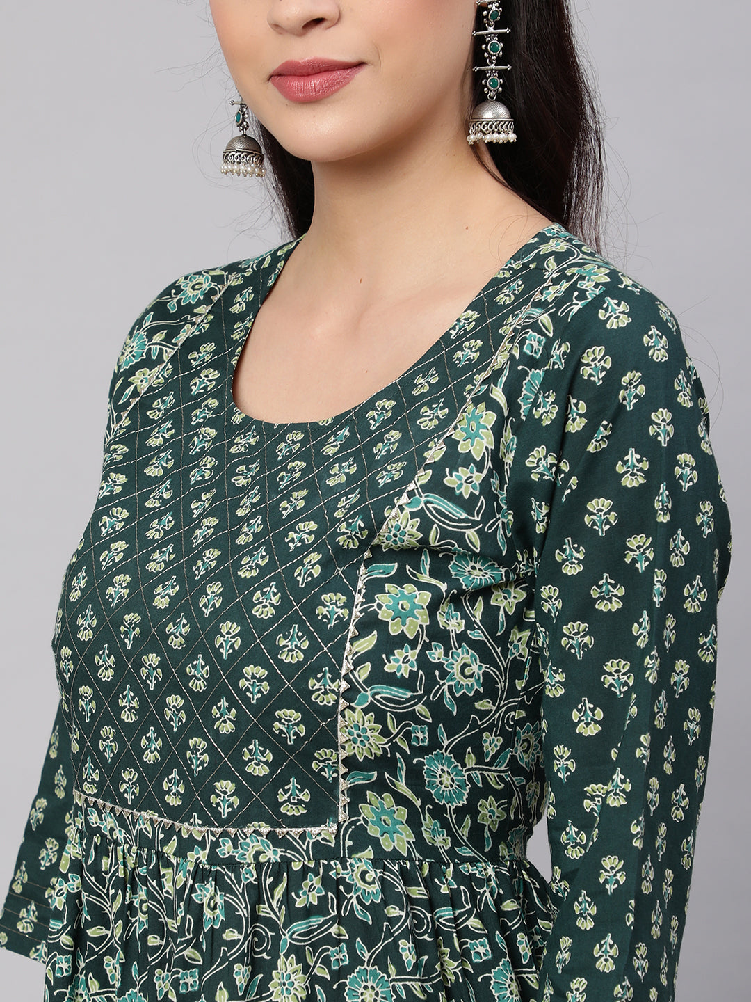 Green  Pure Cotton Zari Dresses