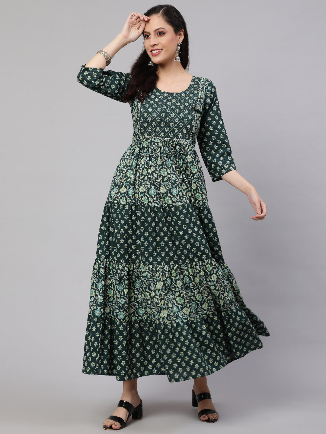 Green  Pure Cotton Zari Dresses