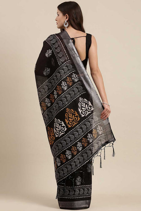 Black Linen Abstract Print Bagh Saree