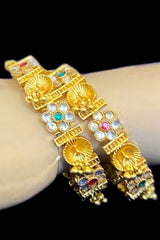 Gold And Multicolor Stone Flower Bangle Set Of 2