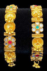 Gold And Multicolor Stone Flower Bangle Set Of 2