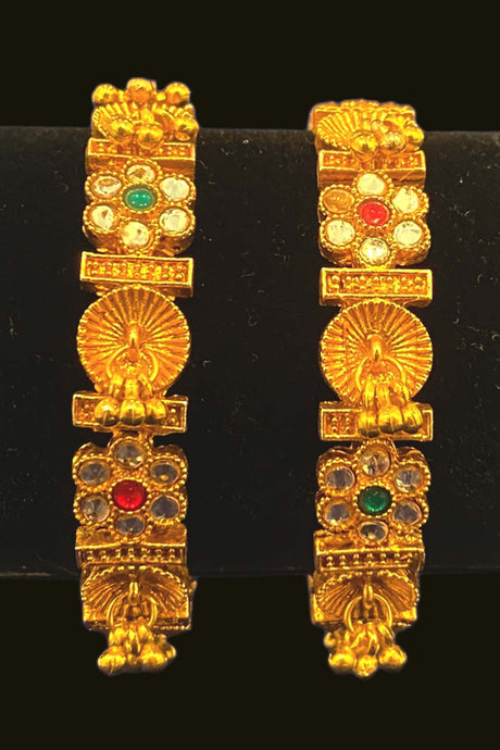 Gold and Multicolor Stone Flower Bangle Set of 2