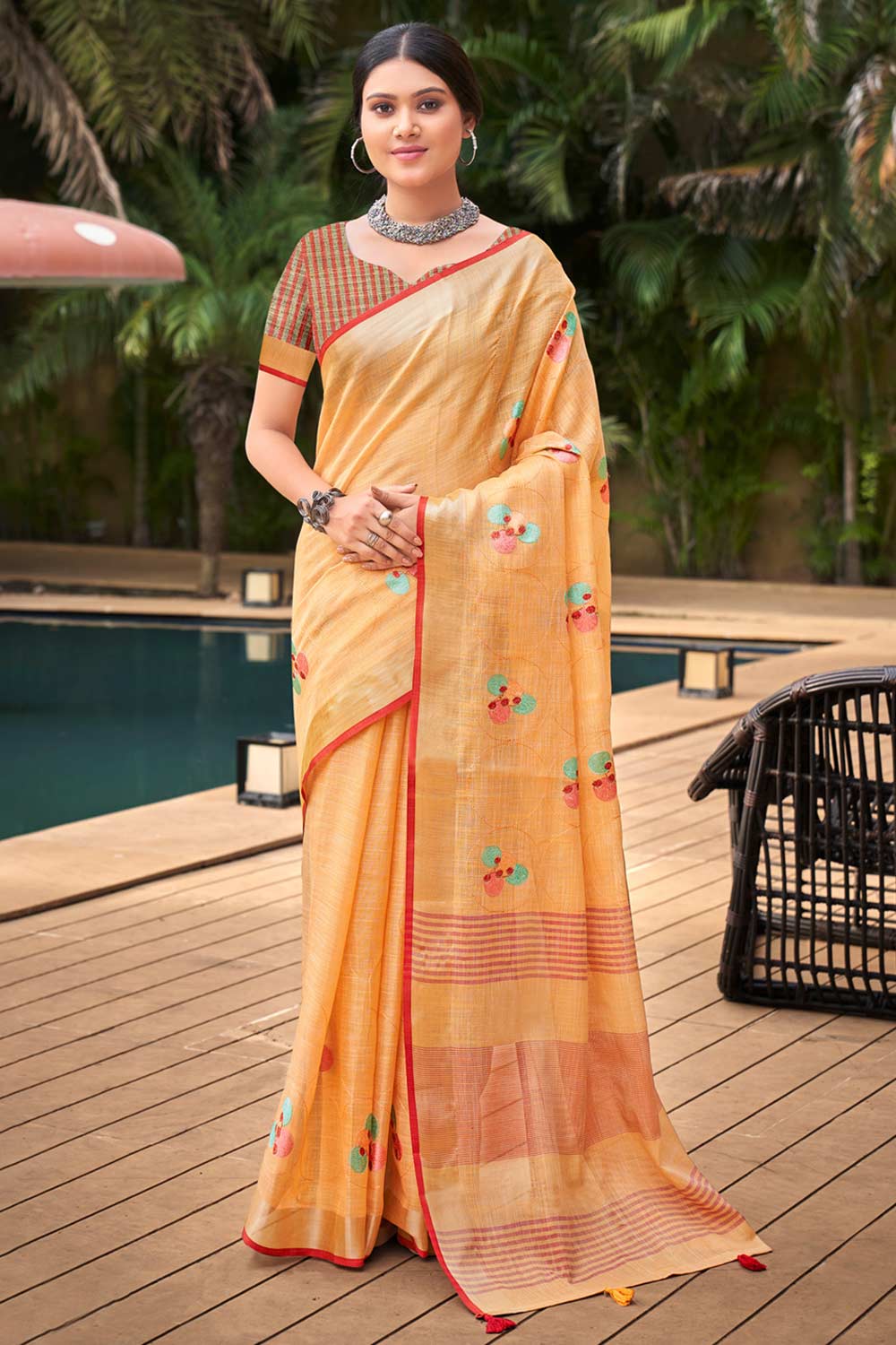 Orange Linen Woven Saree