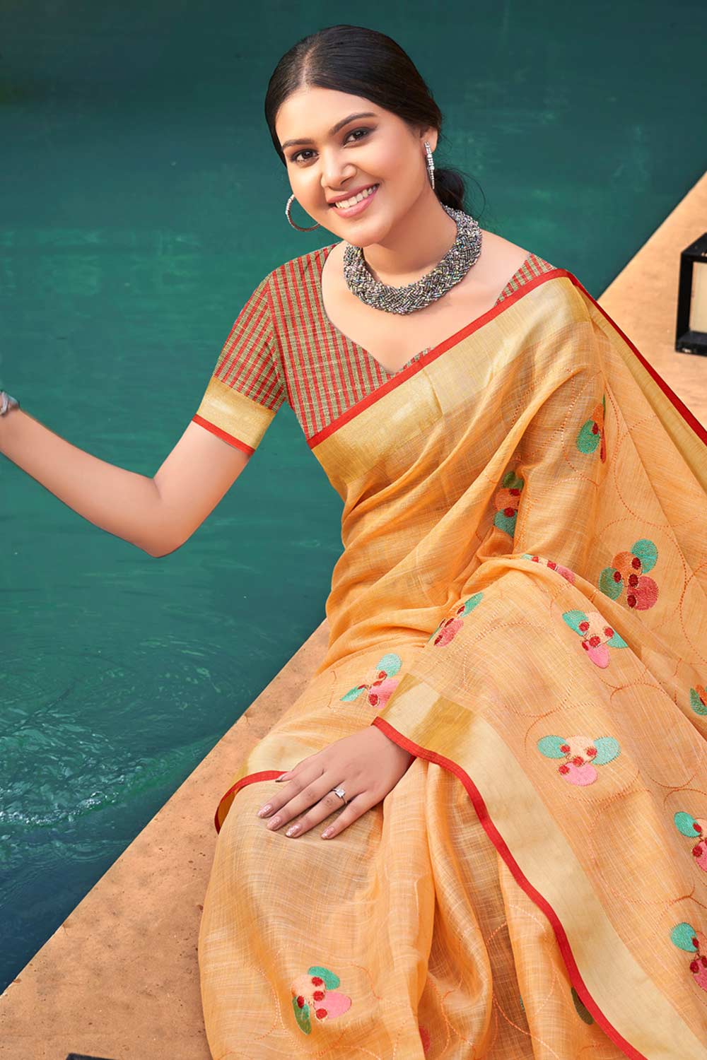 Orange Linen Woven Saree