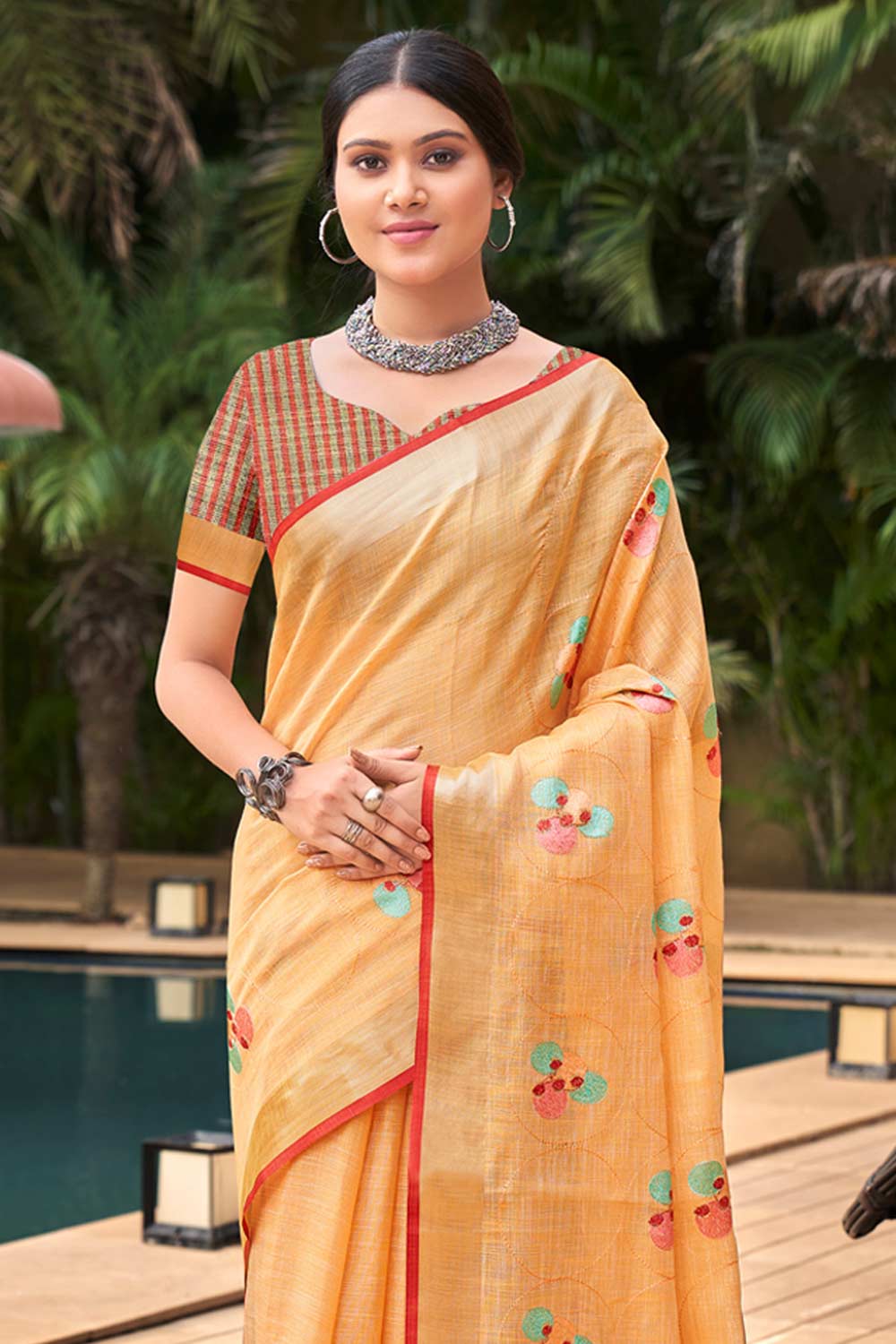 Orange Linen Woven Saree