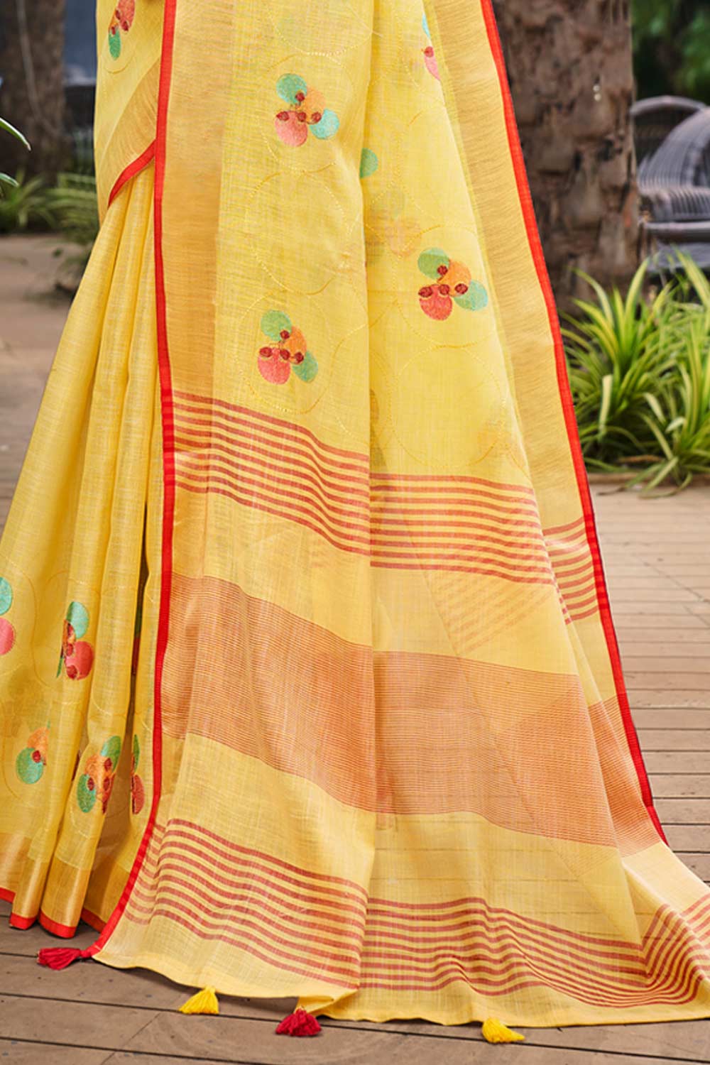 Yellow Linen Woven Saree