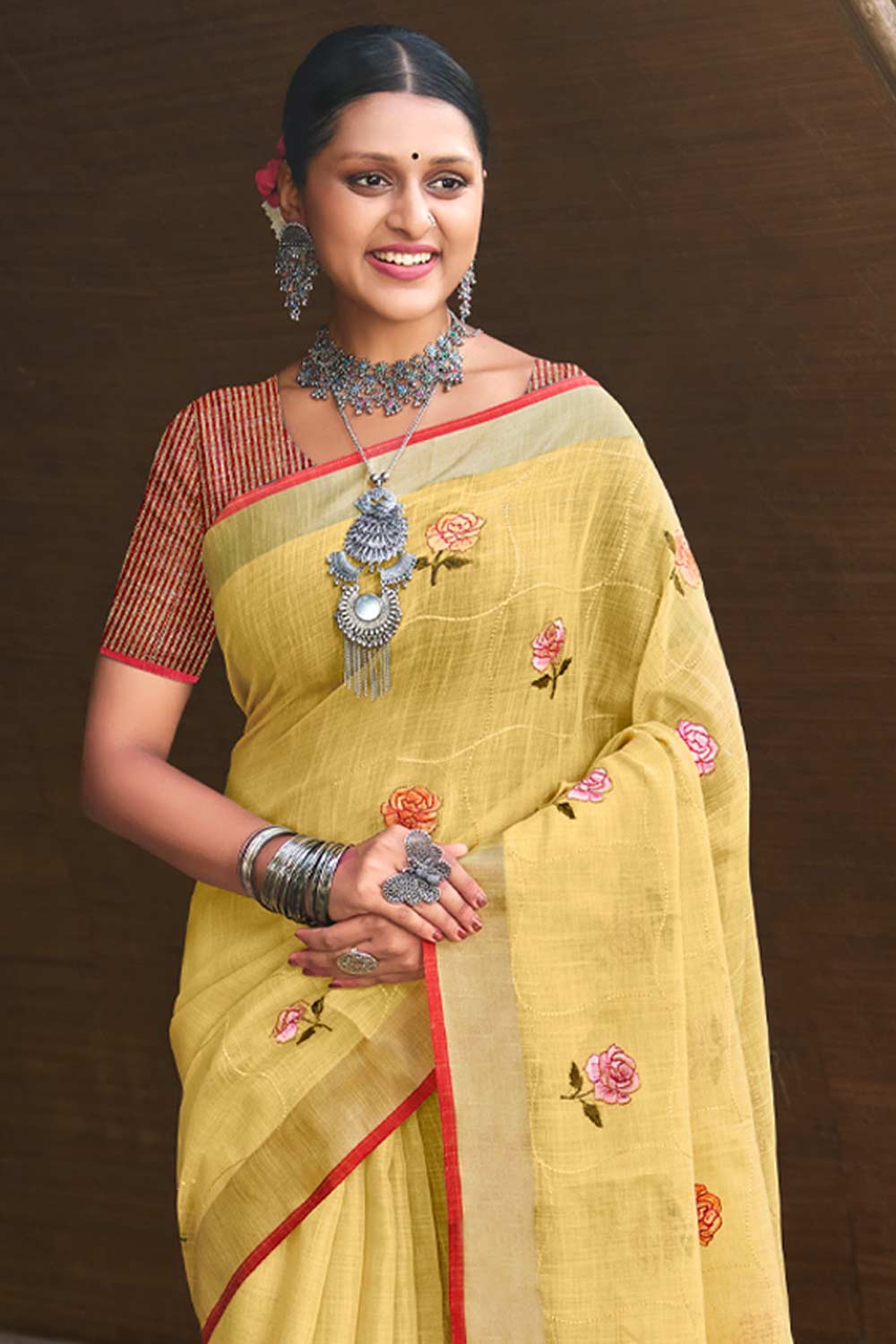 Yellow Linen Woven Saree