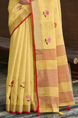 Yellow Linen Woven Saree