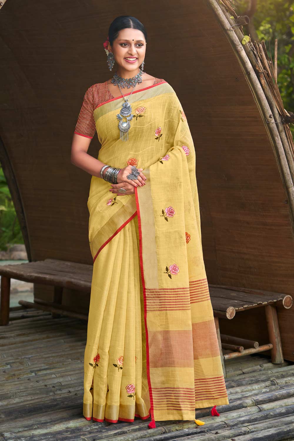 Yellow Linen Woven Saree