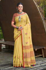 Yellow Linen Woven Saree