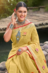 Yellow Linen Woven Saree