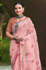 Light Pink Linen Woven Saree