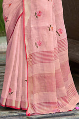 Light Pink Linen Woven Saree