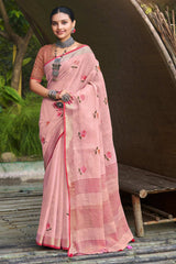 Light Pink Linen Woven Saree