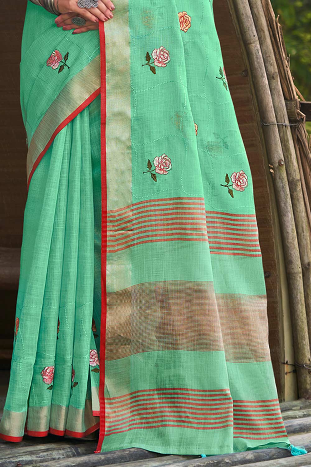 Sea Green Linen Woven Saree