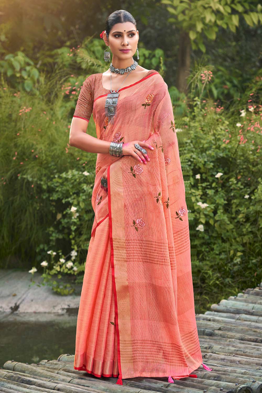 Peach Linen Woven Saree